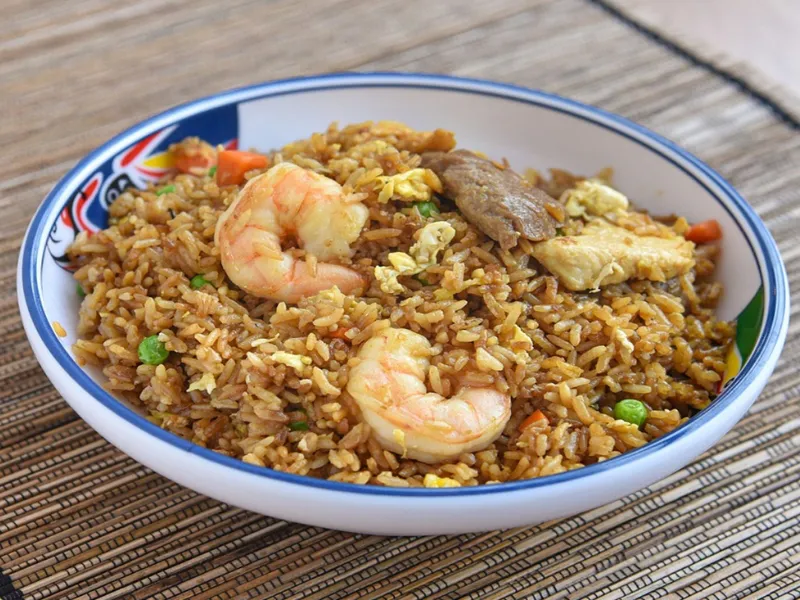 Fried rice with shrimp, beef, egg and veggies at Dynasty Buffet, a Buffet Restaurant in Saddle Brook