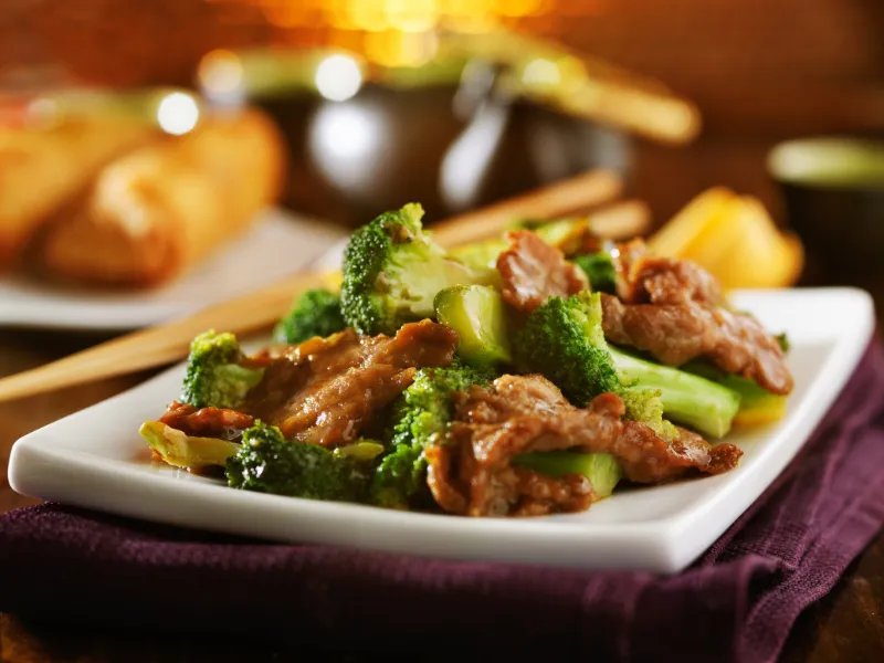 Stir-fried beef with broccoli in savory sauce at Dynasty Buffet, a Buffet Restaurant in Saddle Brook
