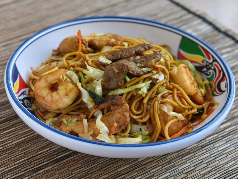 Stir-fried noodles with shrimp, beef and veggies at Dynasty Buffet, a Buffet Restaurant in Saddle Brook